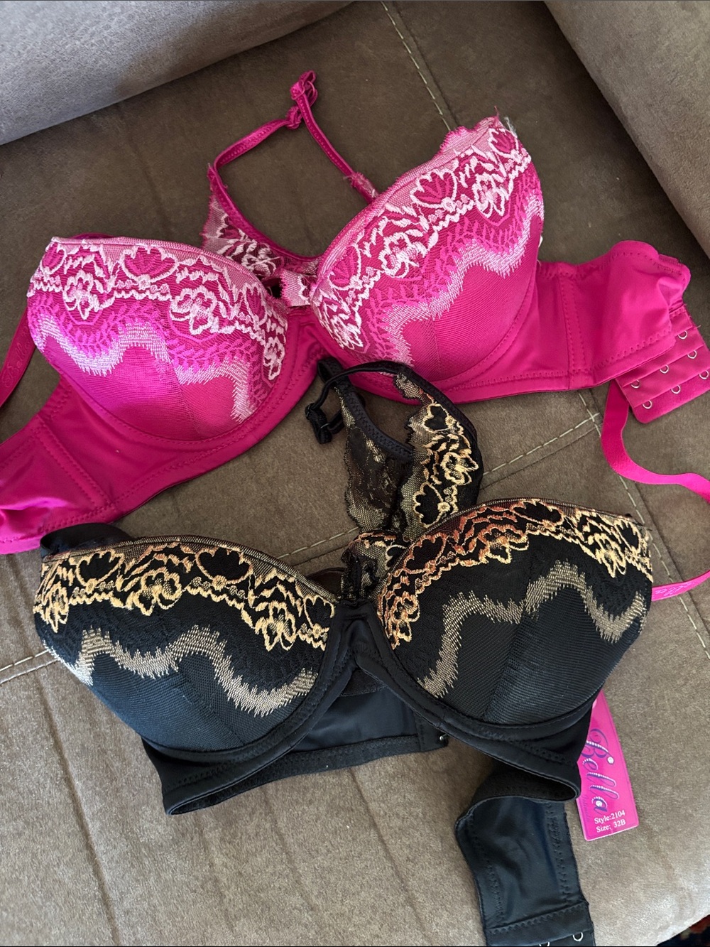 Annie Lace Balconette Bras in Hot Pink and Black with Gold Embroidery